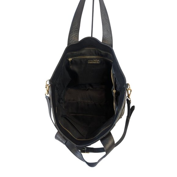 Anna Paola Basket Weave Tote Shoulder Bag Crossbody Black Smooth Italian Leather - Picture 3 of 16